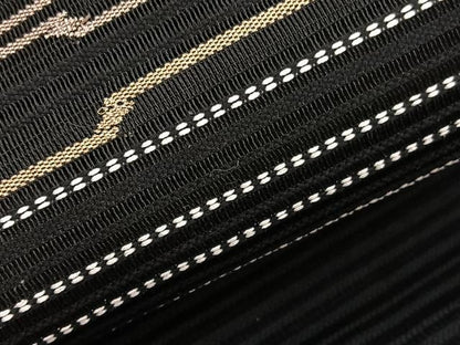 平和屋着物＊夏物　八寸名古屋帯　絽綴れ　横段文　黒地　金糸　正絹　逸品　BAAX7493hv