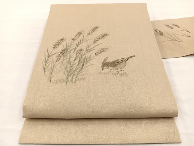 平和屋着物＊夏物　九寸名古屋帯　作家物　手描き　稲穂に雀　金通し地　正絹　逸品　BAAX7499hv