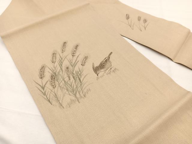 平和屋着物＊夏物　九寸名古屋帯　作家物　手描き　稲穂に雀　金通し地　正絹　逸品　BAAX7499hv