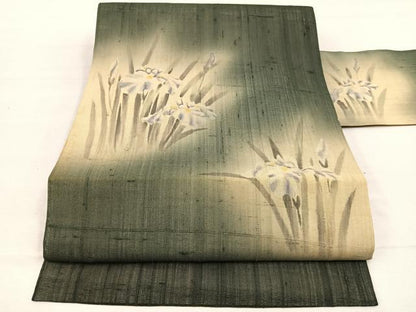 平和屋着物＊夏物　九寸名古屋帯　手描き　紬地　草花文　正絹　逸品　BAAX7501hv