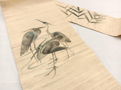 平和屋着物＊夏物　九寸名古屋帯　作家物　手描き　白鷺　麻　逸品　BAAX7520hv