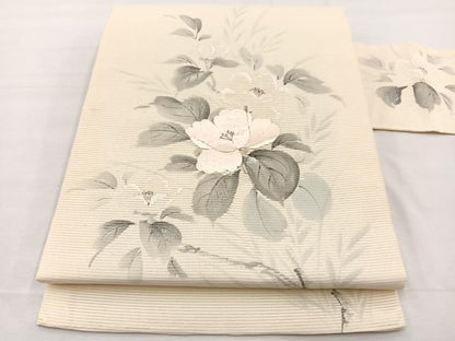 平和屋着物＊夏物　九寸名古屋帯　作家物　手描き　刺繍　牡丹文　銀彩　正絹　逸品　BAAX7537hv