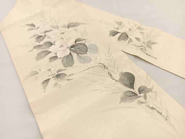 平和屋着物＊夏物　九寸名古屋帯　作家物　手描き　刺繍　牡丹文　銀彩　正絹　逸品　BAAX7537hv