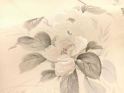 平和屋着物＊夏物　九寸名古屋帯　作家物　手描き　刺繍　牡丹文　銀彩　正絹　逸品　BAAX7537hv