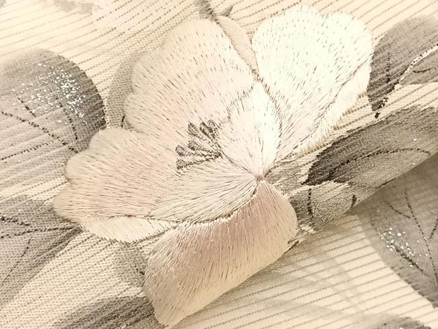 平和屋着物＊夏物　九寸名古屋帯　作家物　手描き　刺繍　牡丹文　銀彩　正絹　逸品　BAAX7537hv