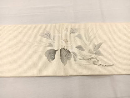 平和屋着物＊夏物　九寸名古屋帯　作家物　手描き　刺繍　牡丹文　銀彩　正絹　逸品　BAAX7537hv
