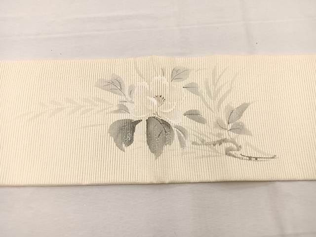 平和屋着物＊夏物　九寸名古屋帯　作家物　手描き　刺繍　牡丹文　銀彩　正絹　逸品　BAAX7537hv