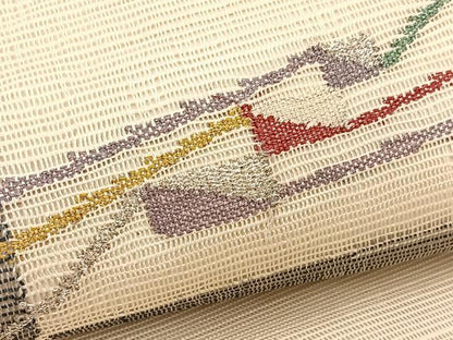 平和屋着物＊夏物　八寸名古屋帯　幾何学文様　銀糸　正絹　逸品　BAAX7539hv