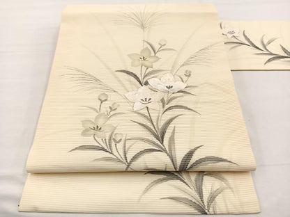 平和屋着物＊夏物　九寸名古屋帯　作家物　手描き　刺繍　桔梗　銀彩　正絹　逸品　BAAX7541hv