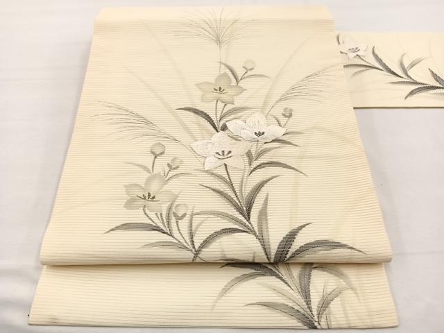 平和屋着物＊夏物　九寸名古屋帯　作家物　手描き　刺繍　桔梗　銀彩　正絹　逸品　BAAX7541hv