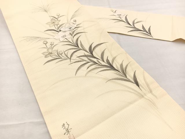 平和屋着物＊夏物　九寸名古屋帯　作家物　手描き　刺繍　桔梗　銀彩　正絹　逸品　BAAX7541hv