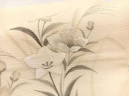 平和屋着物＊夏物　九寸名古屋帯　作家物　手描き　刺繍　桔梗　銀彩　正絹　逸品　BAAX7541hv