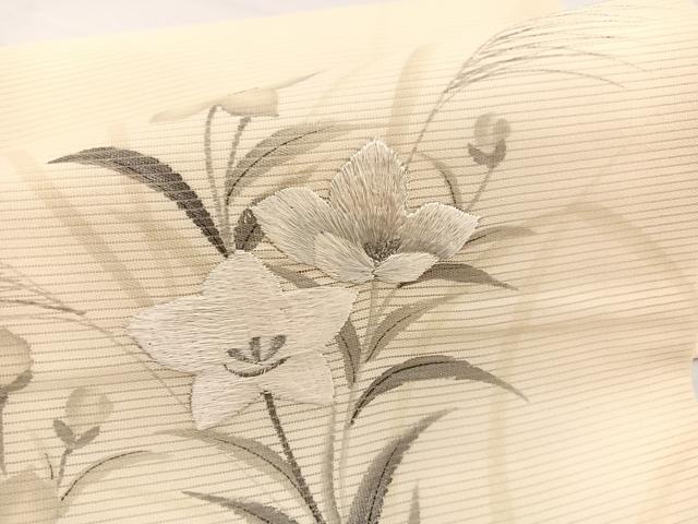 平和屋着物＊夏物　九寸名古屋帯　作家物　手描き　刺繍　桔梗　銀彩　正絹　逸品　BAAX7541hv