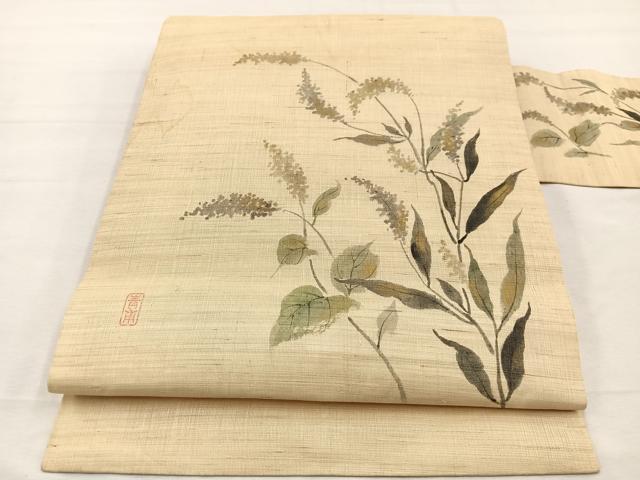 平和屋着物＊夏物　九寸名古屋帯　作家物　手描き　枝花文　金彩　麻　逸品　BAAX7544hv