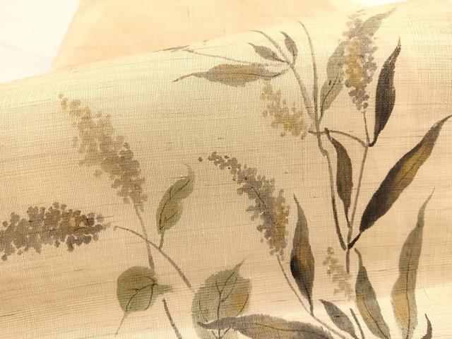 平和屋着物＊夏物　九寸名古屋帯　作家物　手描き　枝花文　金彩　麻　逸品　BAAX7544hv