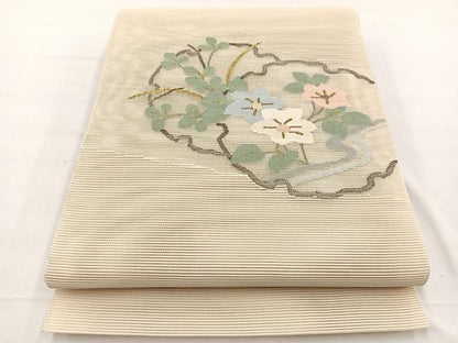 平和屋着物＊夏物　八寸名古屋帯　絽綴れ　雪輪秋草文　金糸　正絹　逸品　BAAX7548hv