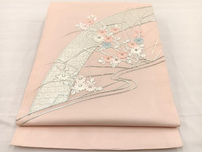 平和屋着物＊夏物　九寸開き名古屋帯　駒刺繍　片輪車花文　金糸　正絹　逸品　BAAX7549hv