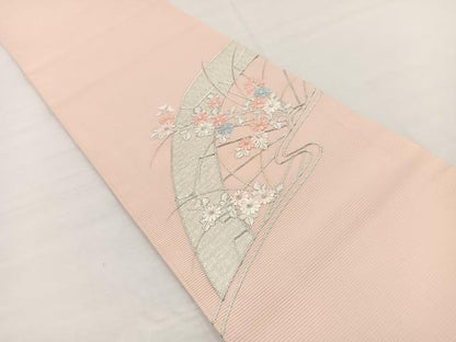 平和屋着物＊夏物　九寸開き名古屋帯　駒刺繍　片輪車花文　金糸　正絹　逸品　BAAX7549hv