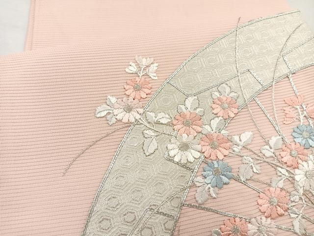平和屋着物＊夏物　九寸開き名古屋帯　駒刺繍　片輪車花文　金糸　正絹　逸品　BAAX7549hv