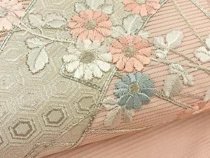 平和屋着物＊夏物　九寸開き名古屋帯　駒刺繍　片輪車花文　金糸　正絹　逸品　BAAX7549hv