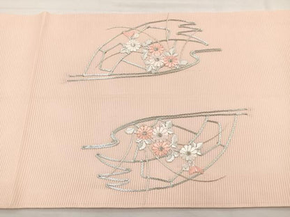 平和屋着物＊夏物　九寸開き名古屋帯　駒刺繍　片輪車花文　金糸　正絹　逸品　BAAX7549hv