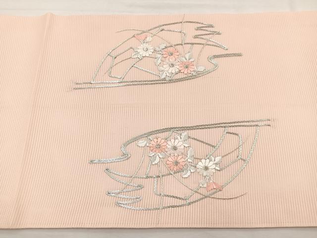 平和屋着物＊夏物　九寸開き名古屋帯　駒刺繍　片輪車花文　金糸　正絹　逸品　BAAX7549hv
