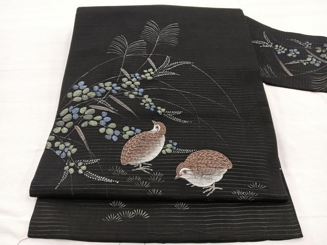 平和屋着物＊夏物　九寸名古屋帯　手描き　鶉　黒地　正絹　逸品　BAAX7554hv
