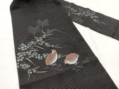 平和屋着物＊夏物　九寸名古屋帯　手描き　鶉　黒地　正絹　逸品　BAAX7554hv