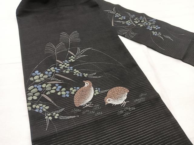 平和屋着物＊夏物　九寸名古屋帯　手描き　鶉　黒地　正絹　逸品　BAAX7554hv