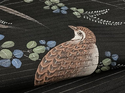平和屋着物＊夏物　九寸名古屋帯　手描き　鶉　黒地　正絹　逸品　BAAX7554hv