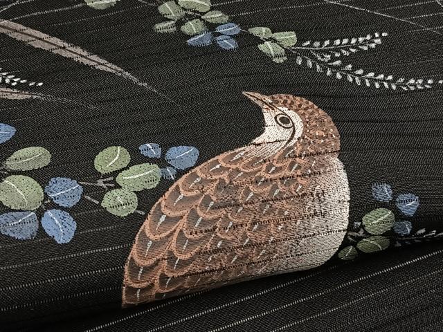 平和屋着物＊夏物　九寸名古屋帯　手描き　鶉　黒地　正絹　逸品　BAAX7554hv