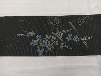 平和屋着物＊夏物　九寸名古屋帯　手描き　鶉　黒地　正絹　逸品　BAAX7554hv