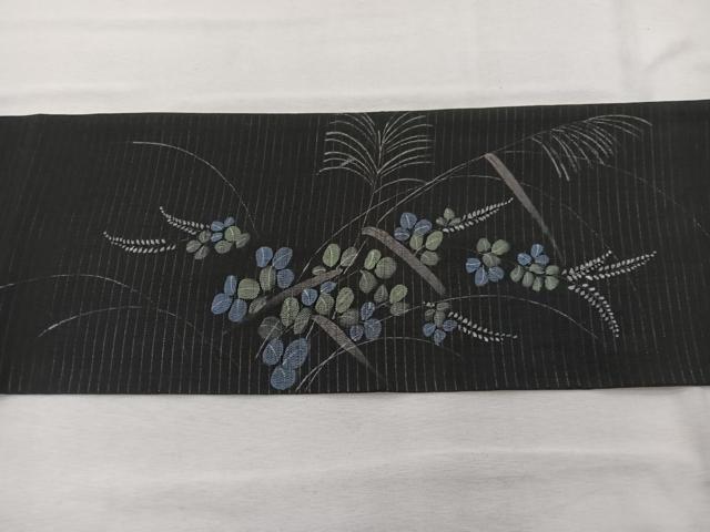 平和屋着物＊夏物　九寸名古屋帯　手描き　鶉　黒地　正絹　逸品　BAAX7554hv