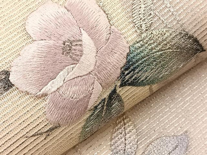 平和屋着物＊夏物　九寸開き名古屋帯　刺繍　椿　金銀彩　正絹　逸品　BAAX7556hv