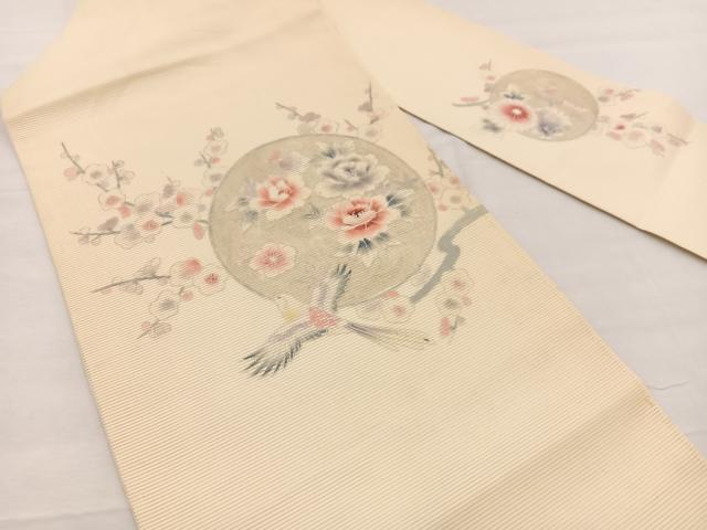 平和屋着物＊夏物　九寸名古屋帯　花鳥文　銀彩　正絹　逸品　BAAX7557hv