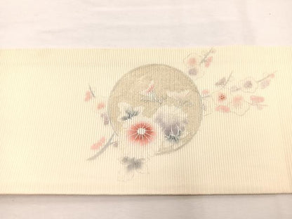 平和屋着物＊夏物　九寸名古屋帯　花鳥文　銀彩　正絹　逸品　BAAX7557hv
