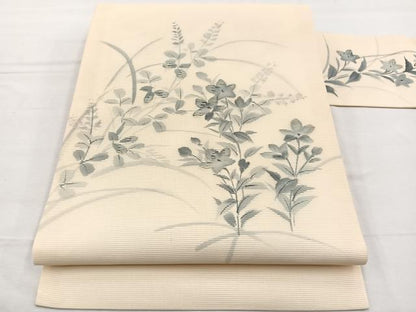 平和屋着物＊夏物　九寸名古屋帯　手描き　竹屋町刺繍　秋草文　銀糸　正絹　逸品　BAAX7564hv