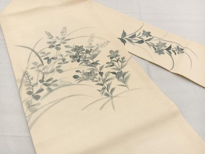 平和屋着物＊夏物　九寸名古屋帯　手描き　竹屋町刺繍　秋草文　銀糸　正絹　逸品　BAAX7564hv