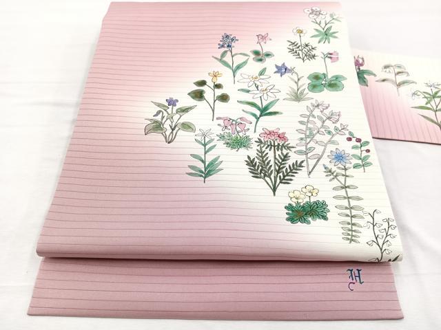 平和屋着物＊夏物　絽塩瀬　九寸名古屋帯　作家物　手描き　草花文　正絹　逸品　BAAX7569hv