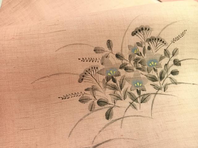 平和屋着物＊夏物　九寸名古屋帯　作家物　手描き　桔梗　金彩　麻　逸品　BAAX7591hv