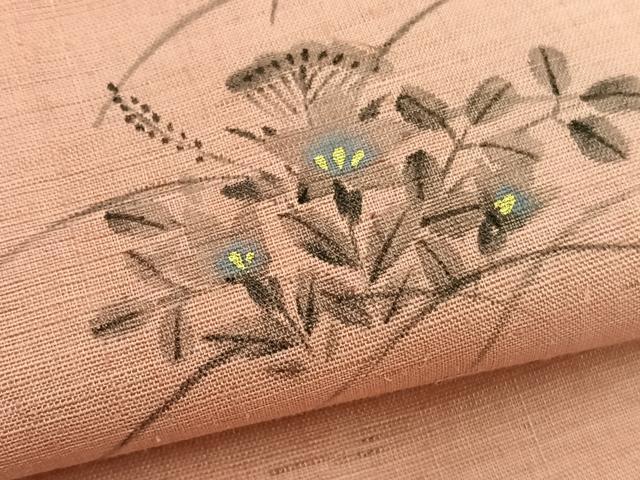 平和屋着物＊夏物　九寸名古屋帯　作家物　手描き　桔梗　金彩　麻　逸品　BAAX7591hv