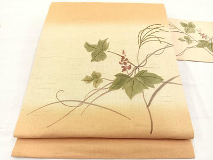 平和屋着物＊夏物　九寸名古屋帯　手描き　刺繍　草花文　金彩　BAAX7604hv