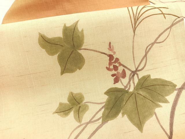 平和屋着物＊夏物　九寸名古屋帯　手描き　刺繍　草花文　金彩　BAAX7604hv