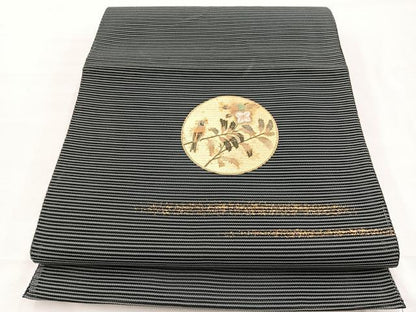 平和屋着物＊夏物　八寸名古屋帯　刺繍　絽綴れ　花鳥丸文　金彩　正絹　逸品　BAAX7606hv
