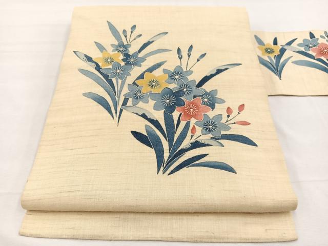 平和屋着物＊夏物　九寸名古屋帯　友禅　草花文　麻　逸品　BAAX7607hv
