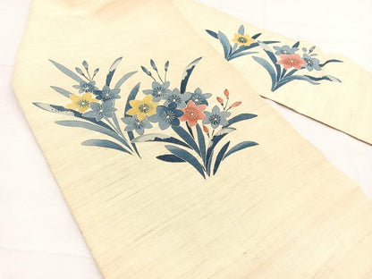 平和屋着物＊夏物　九寸名古屋帯　友禅　草花文　麻　逸品　BAAX7607hv