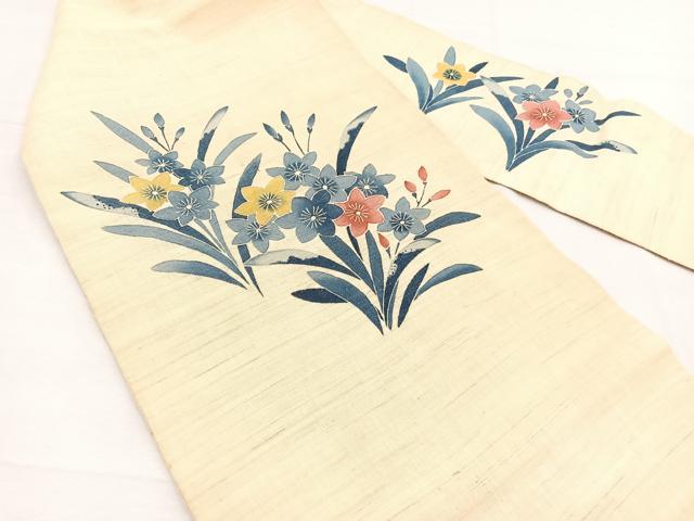 平和屋着物＊夏物　九寸名古屋帯　友禅　草花文　麻　逸品　BAAX7607hv