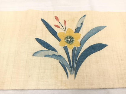 平和屋着物＊夏物　九寸名古屋帯　友禅　草花文　麻　逸品　BAAX7607hv