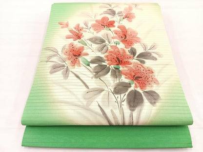 平和屋着物＊夏物　絽塩瀬　九寸開き名古屋帯　手描き　草花文　正絹　逸品　BAAX7613hv