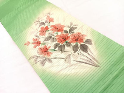 平和屋着物＊夏物　絽塩瀬　九寸開き名古屋帯　手描き　草花文　正絹　逸品　BAAX7613hv